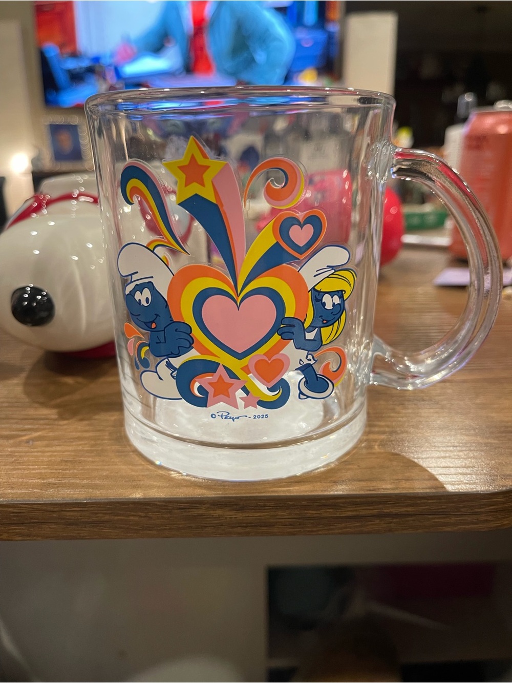 Clear Glass Mug with Pink & Yellow Retro Heart Design
